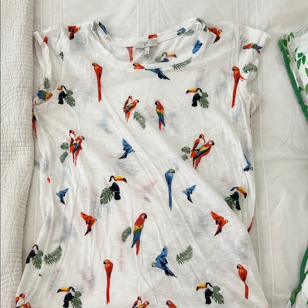 Joie White T-Shirt with Colorful Bird Print